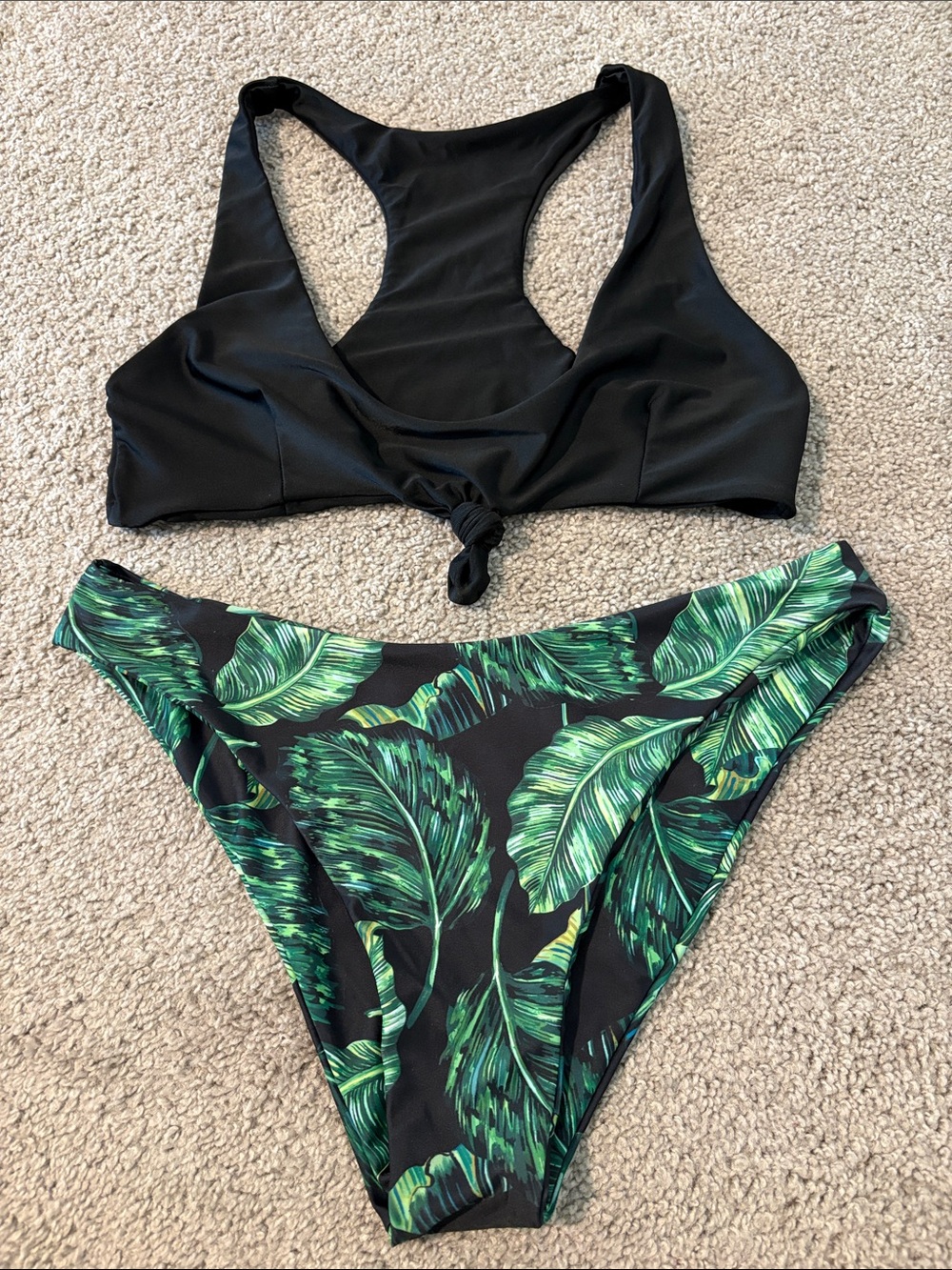Zaful Black Knot Bralette Bikini Top with Green Leaf Print Bottoms